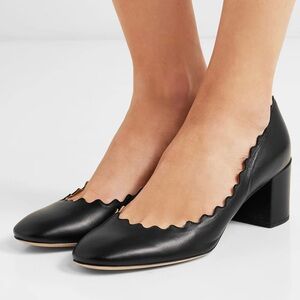 Chloé Lauren Black Leather Scalloped Accent Pumps, Size 37